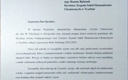 List gratulacyjny na rok szkolny 2022/2023 od Małopolskiej Uczelni Państwowej imienia rotmistrza Witolda Pileckiego w Oświęcimiu