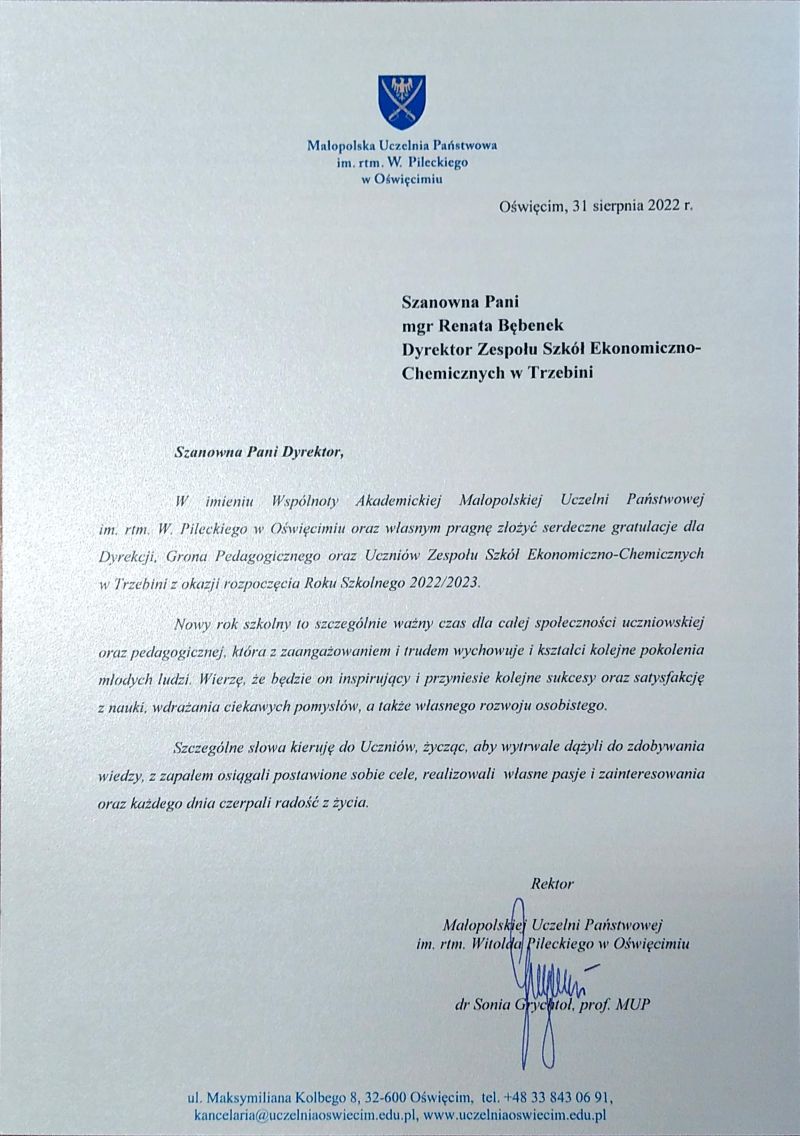 List gratulacyjny na rok szkolny 2022/2023 od Małopolskiej Uczelni Państwowej imienia rotmistrza Witolda Pileckiego w Oświęcimiu