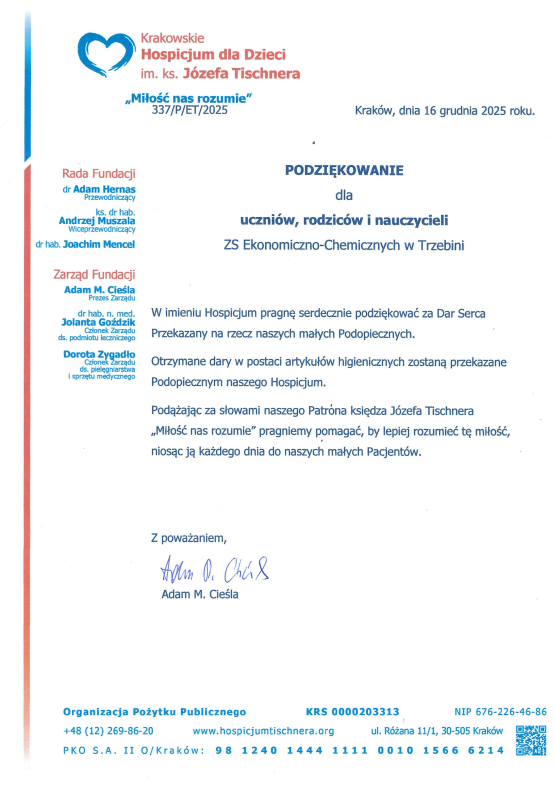 Podziękowania dla społeczności ZSECH